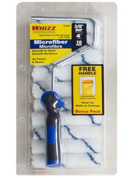 15-Pack of 4” x 3/8” Nap Work Tools 25009 Whizz Microfiber Mini‐Roller Cover With Free Frame, 10‐Pack